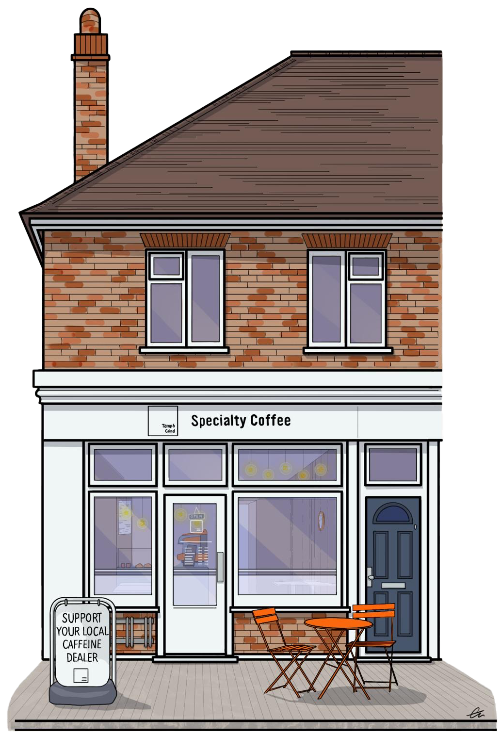 Tamp & Grind Coffee Shop building in Lancing, featuring a cozy and inviting atmosphere